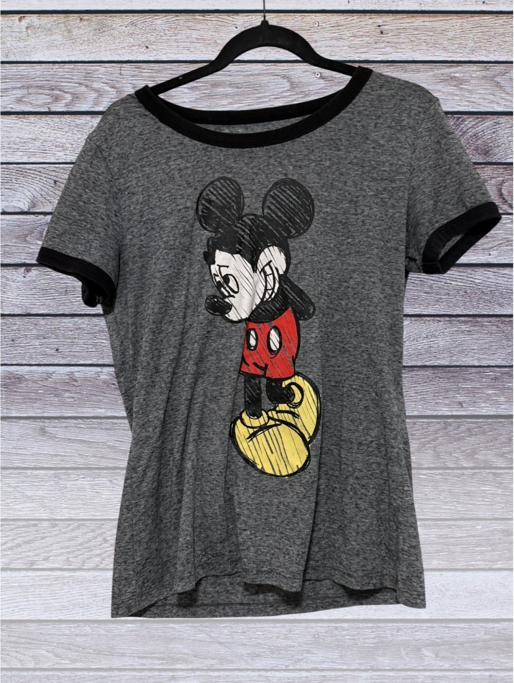 Disney Mickey Mouse Gray Graphic T-Shirt with Black Trim, Size Medium